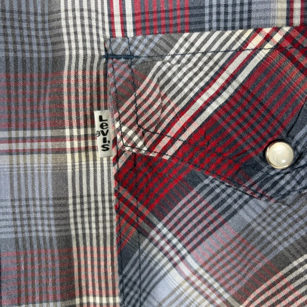 Levi Western Shirt Mens XL Pearl Snap Red Blue Plaid Vintage Cowboy Workwear